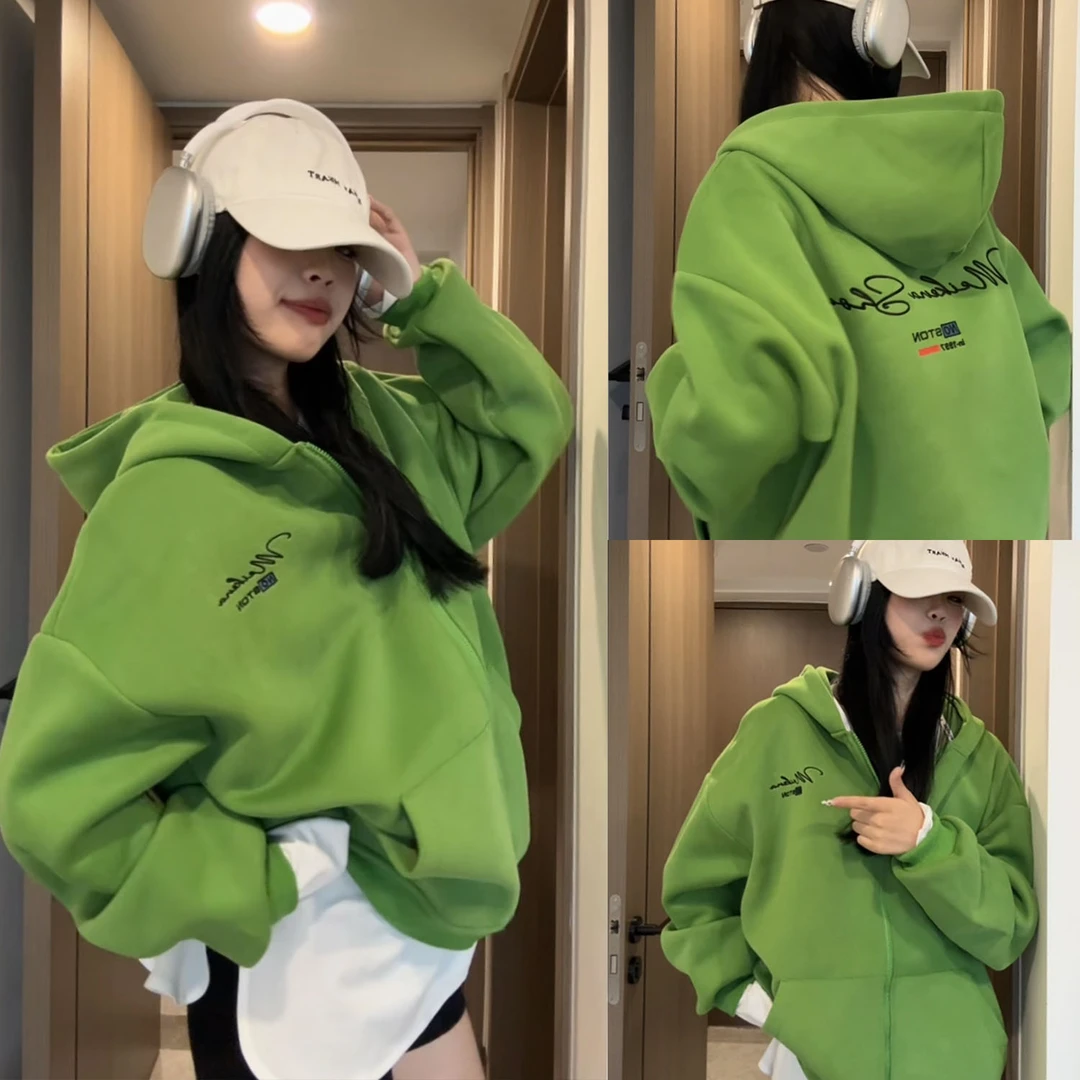 玫珂娜秋冬基础字母刺绣设计帽衫美式高街复古重磅开衫情侣上衣