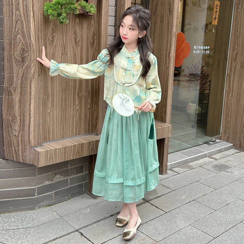 女大童夏装连衣裙2024新款洋气春秋汉服裙子女孩中国风套裙两件套