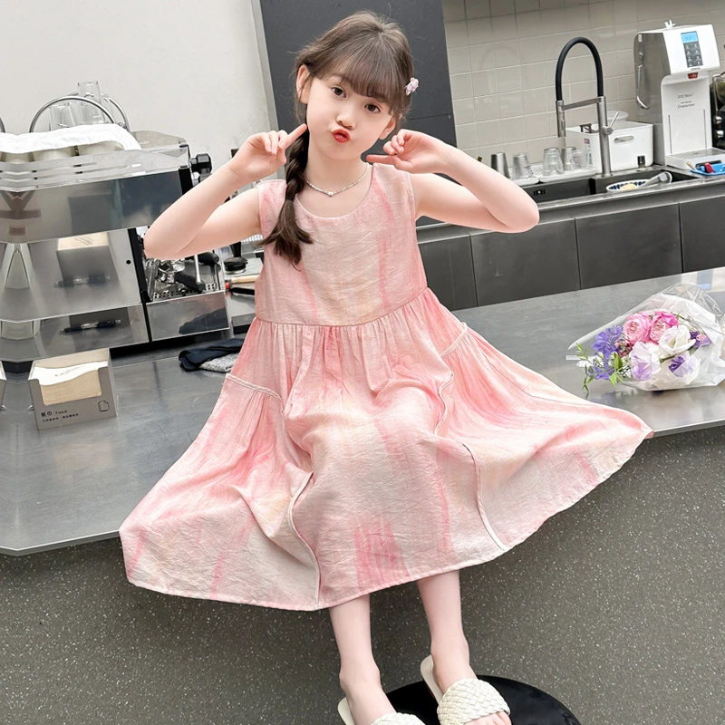 女童连衣裙2025新款夏季洋气扎染大摆背心裙中大童女孩甜美公主裙