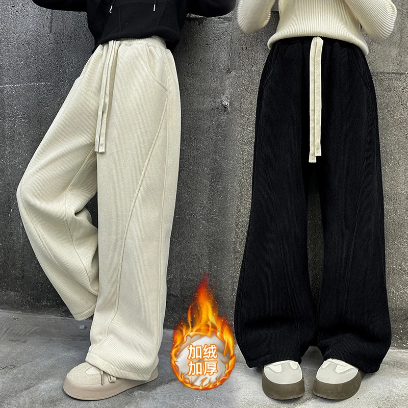 女童灯芯绒阔腿裤秋冬2024新款中大童直筒裤窄版休闲加绒卫裤子潮