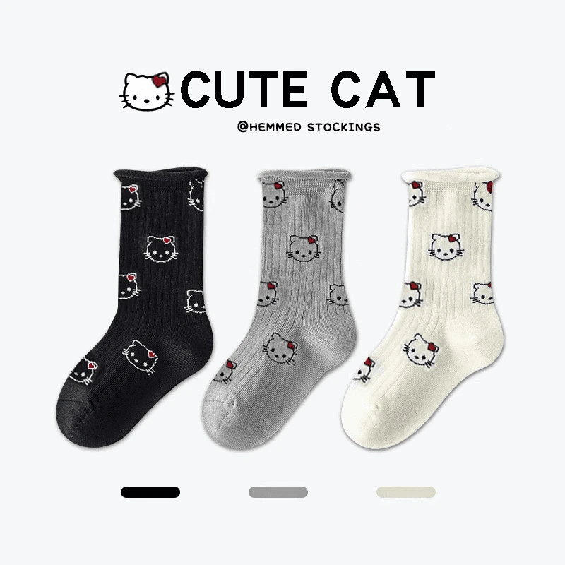 【星妈专属】儿童袜子秋季新款1-12岁精梳棉袜宝宝卡通小猫不掉跟袜