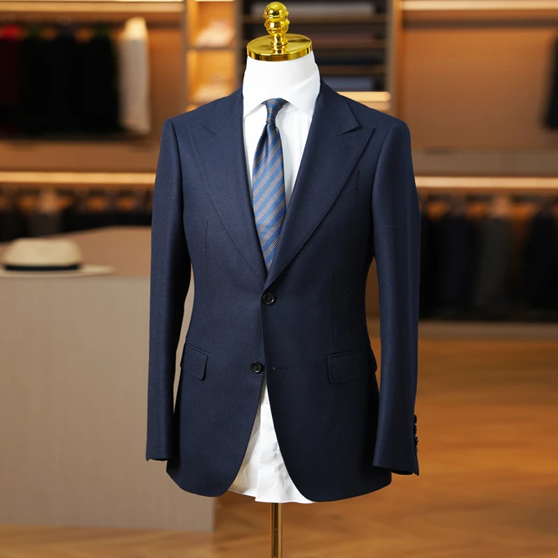 上东奢媛【70%羊毛】意式休闲时尚 深蓝修身西服外套男