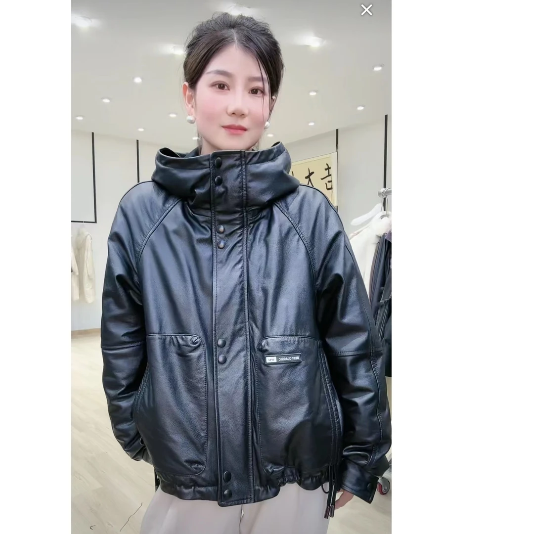 潇潇【6666】三合一牛皮鹅绒服女装时尚连帽休闲牛皮女士羽绒服百搭