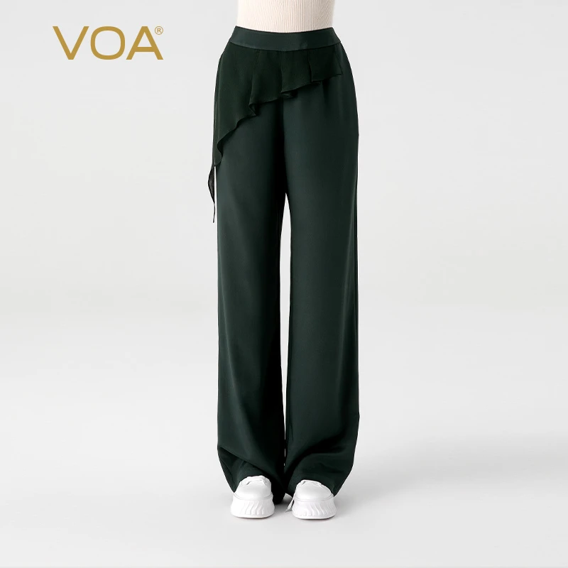 VOA36姆米弹力重绉桑蚕丝孔绿自然腰不对称乔其真丝直筒裤KE863