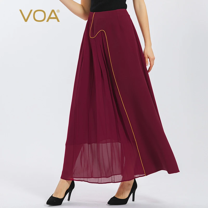 VOA重磅桑蚕丝鬼纡红色双层明线装饰褶皱大摆真丝半身裙CE163