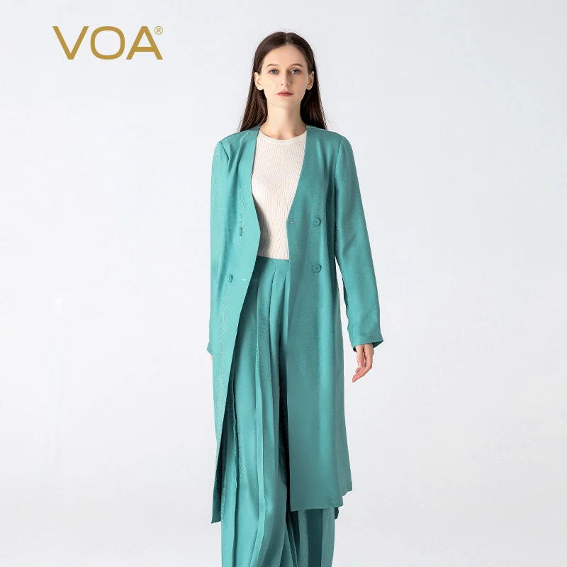 VOA桑蚕丝暗纹提花淡蓝V领长袖腰带口袋中长款通勤真丝风衣FE373