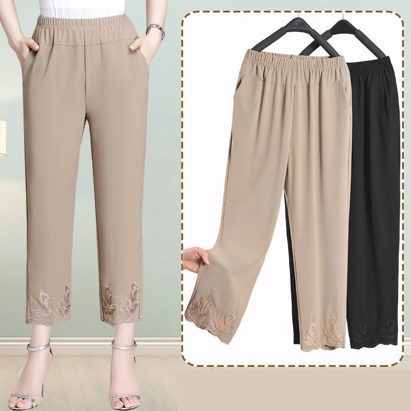 妈妈裤子春秋夏季薄款休闲雪纺九分裤中老年人女裤奶奶装宽松直筒