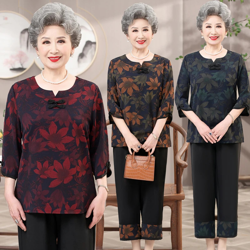 夏装女老人套装中老年人60岁70奶奶装衣服妈妈T恤上衣薄款两件套