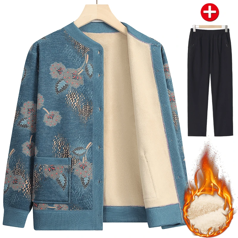 中老年人女装加绒加厚秋冬妈妈装针织开衫毛线衣60岁70老奶奶外套