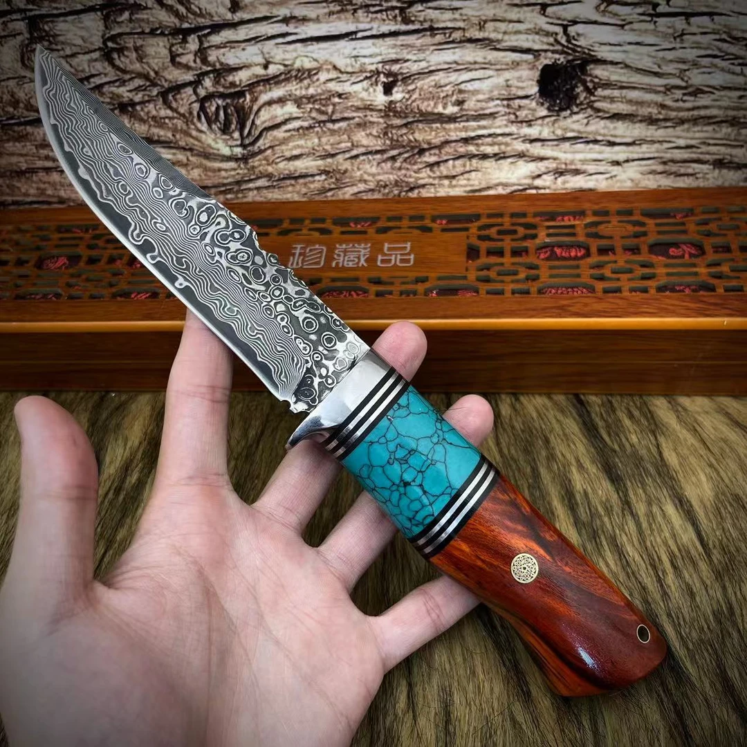 【绿松石】定制龙血檀大马士革手工刀