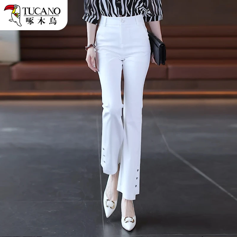 TUCANO/啄木鸟夏季薄款高腰微喇裤显瘦百搭白色休闲女裤喇叭裤子