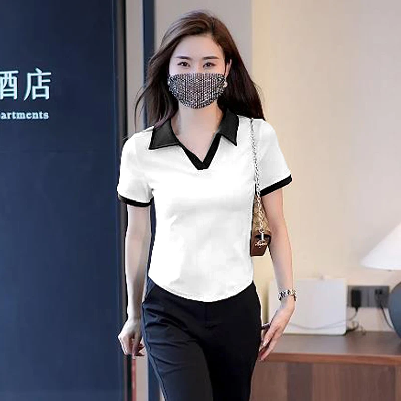 夏季薄款棉短袖翻领t恤女2023新款显瘦百搭polo衫上衣