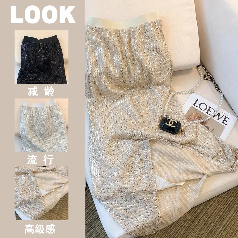 夏季新款亮片薄亮闪闪高级感中长款亮片裙休闲风百搭松紧腰半裙