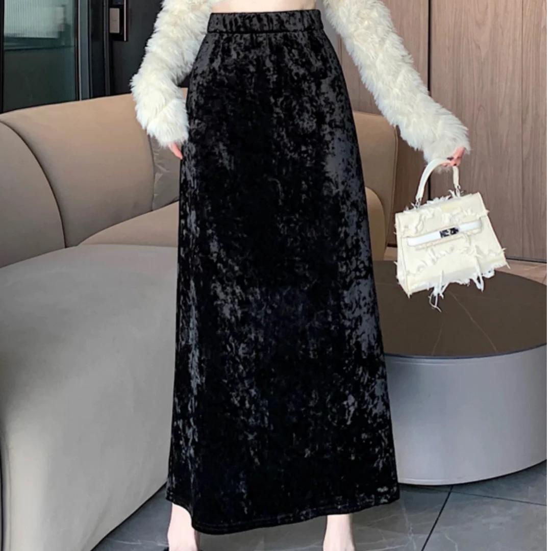 遮肉韩版金丝绒半身裙女秋冬松紧腰中长款a字裙复古侧开叉百褶裙