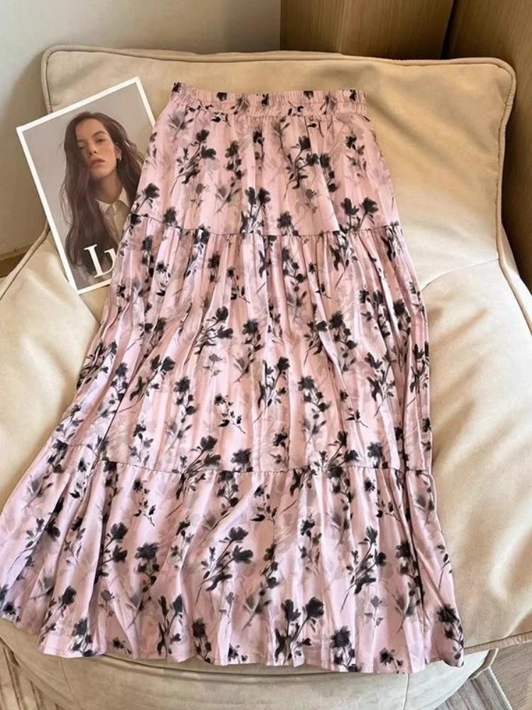 印花复古碎花半身裙女2025早秋款高腰显瘦a字裙百搭松紧腰中长裙