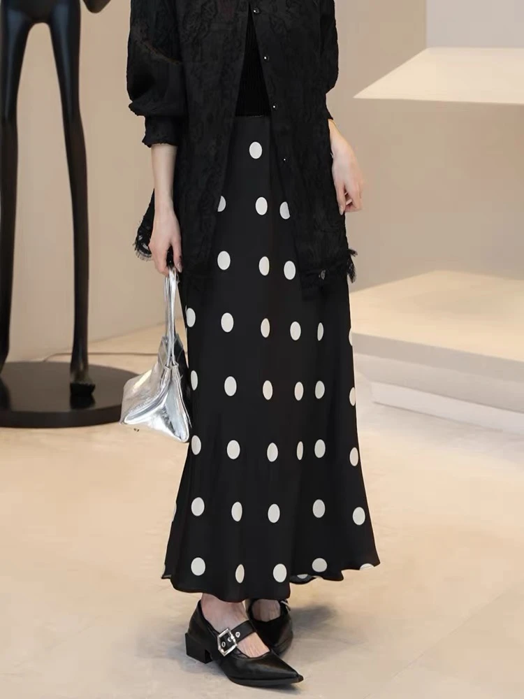 小众设计2025新款圆点半身裙鱼尾醋酸裙子春夏高腰A字长半裙女