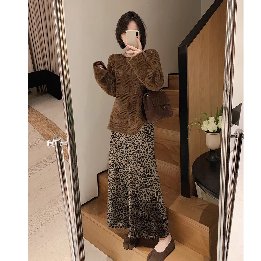 秋冬豹纹半身裙中长款大摆a字裙显瘦遮胯丝绒松紧腰小众气质裙子