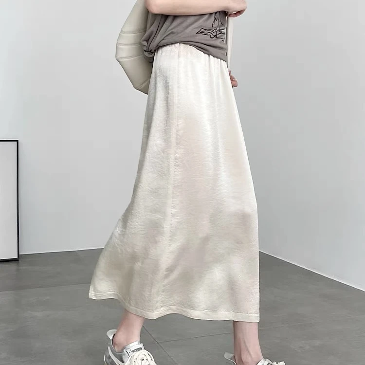 新中式醋酸缎面半身裙女2025夏季新款高腰中长款a字裙显瘦包臀裙