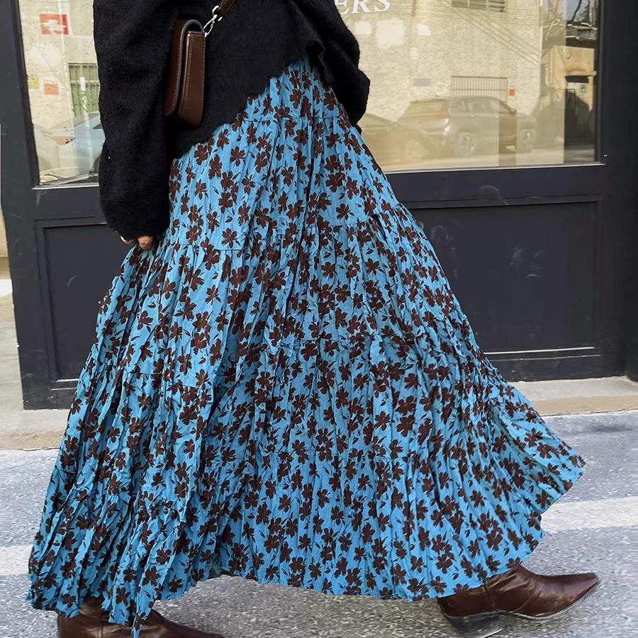 森系复古褶皱碎花半身裙气质女春秋配毛衣高腰显瘦a字裙chic伞裙