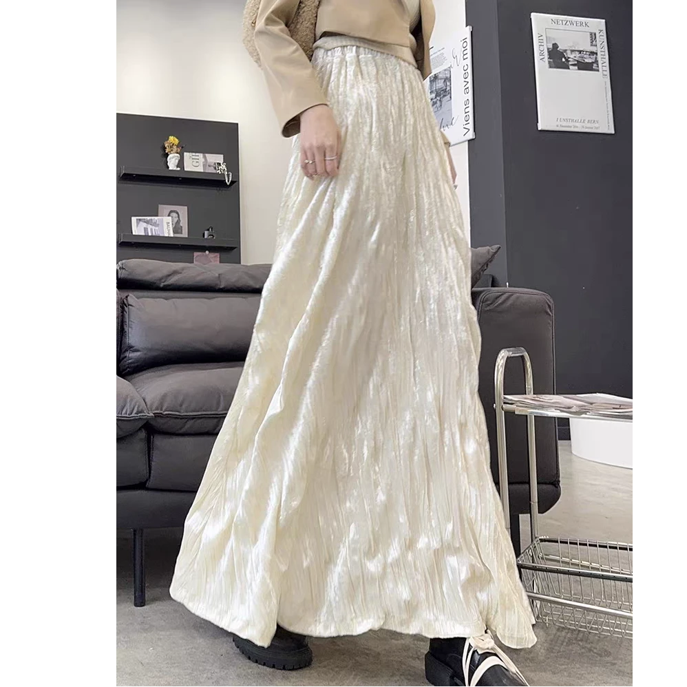 高级感纯色丝绒褶皱a字半身裙女春秋新款高腰显瘦设计感气质百搭