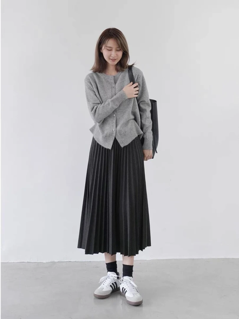 高腰毛呢风琴百褶裙半身裙女早春新款减龄a字裙子显瘦中长款伞裙