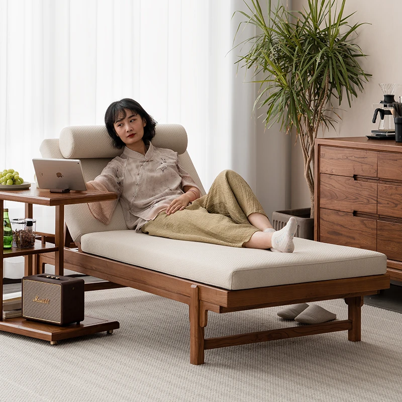 溪木工坊实木单人床新中式阳台休闲罗汉床老榆木客厅贵妃榻沙发床
