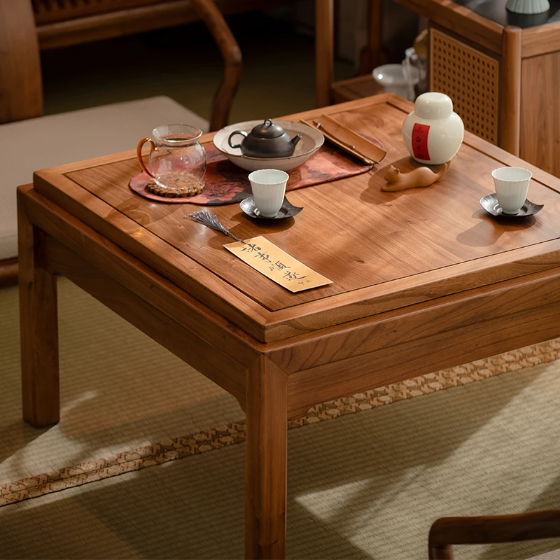 新中式榻榻米茶桌实木方桌多功能储物茶台岩板简约小炕桌喝茶