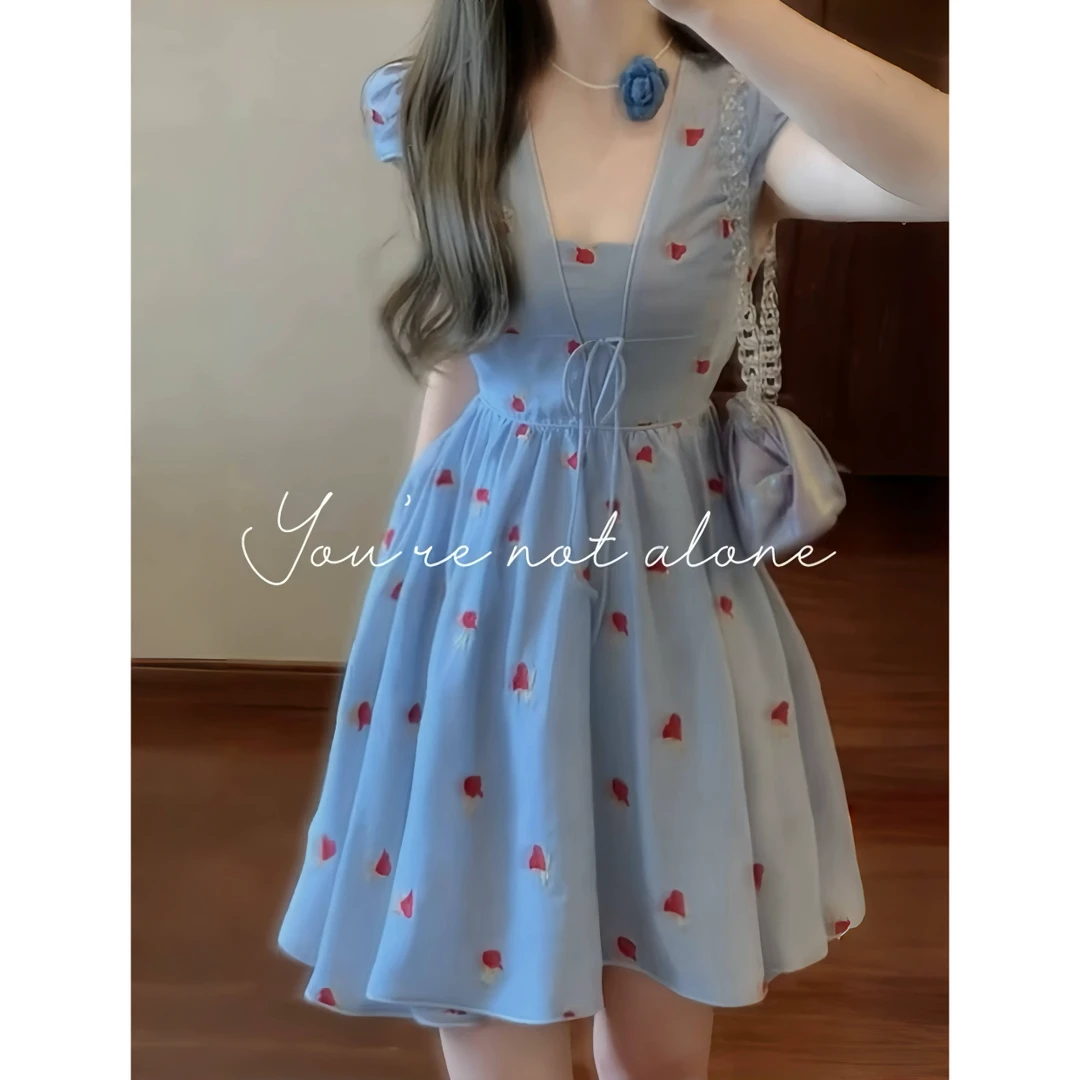 【银河梦境】蓝色收腰碎花连衣裙短裙女夏季绑带日常显瘦裙子