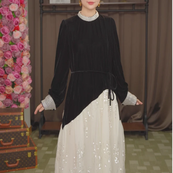 小赫本 秋冬新款丝绒连衣裙时尚气质高端礼服中国风显瘦日常