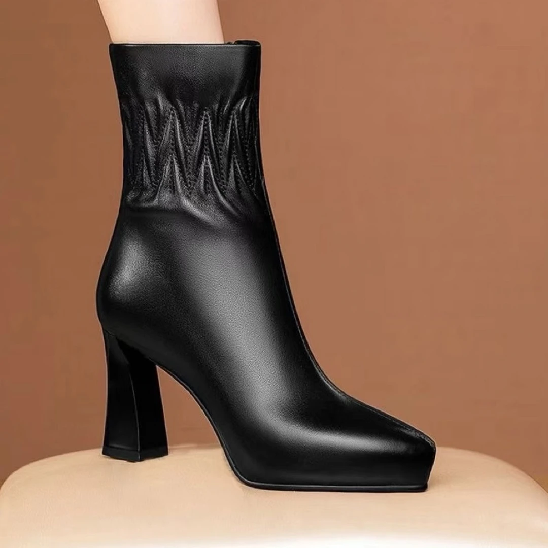 软皮显瘦弹力靴秋冬季新款美式女鞋中筒靴短靴粗跟烟筒靴高跟鞋女