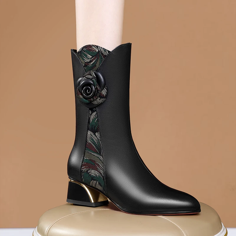 2025秋冬季新款加绒女靴真软皮中筒靴女小圆头粗跟中跟短靴子女