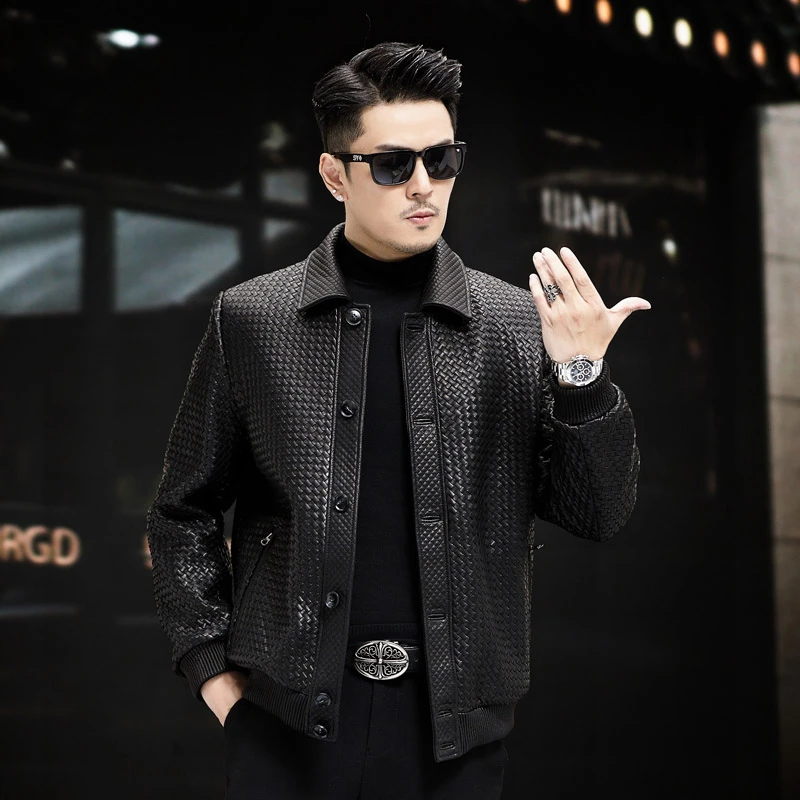 高端手工编织进口小牛皮真皮皮衣男皮夹克山羊绒外套中年潮流时尚