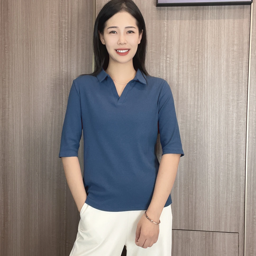 春季新款260克法式罗纹休闲纯色小翻领设计款5分袖打底半袖