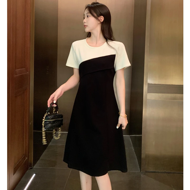 【韩墨墨】2025夏装新款气质时尚撞色假两件拼接显瘦连衣裙#694