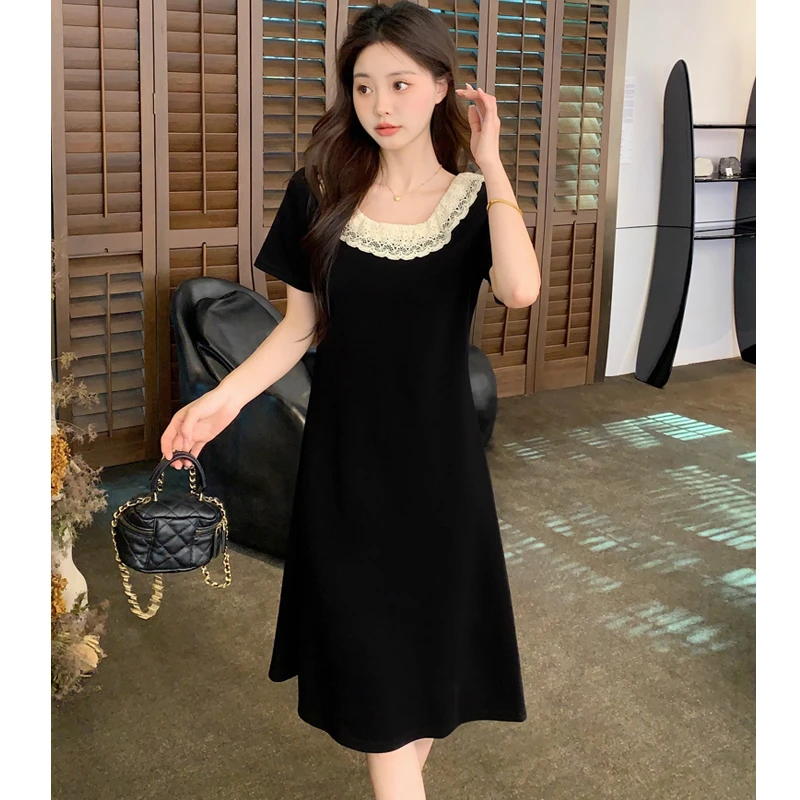 【韩墨墨】2025夏季新款赫本风小黑裙拼接蕾丝圆领显瘦连衣裙#834