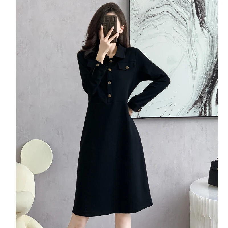 【韩墨墨】春秋款赫本风小黑裙显瘦气质Polo领连衣裙#8608