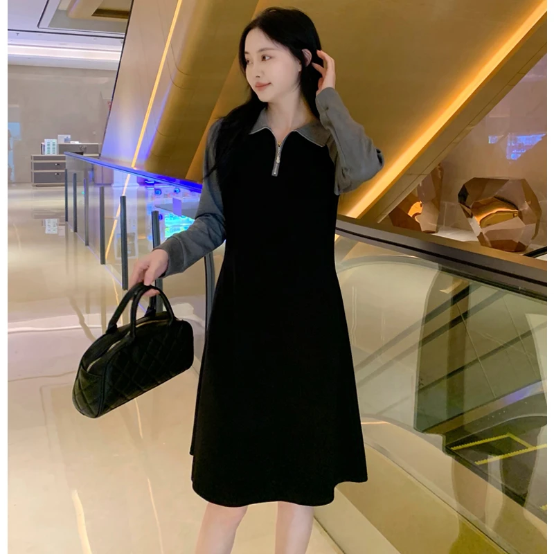【韩墨墨】2025春秋时尚休闲Polo领拼接显瘦连衣裙女#8897