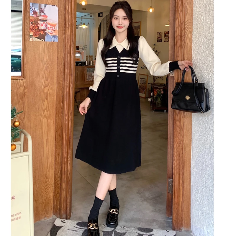 【墨墨家】秋冬新款气质拼接POLO领撞色时尚织显瘦连衣裙#865