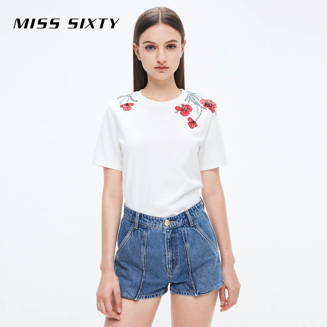 Miss Sixty早新款T恤女短袖重工绣花度假风高档气质女上衣