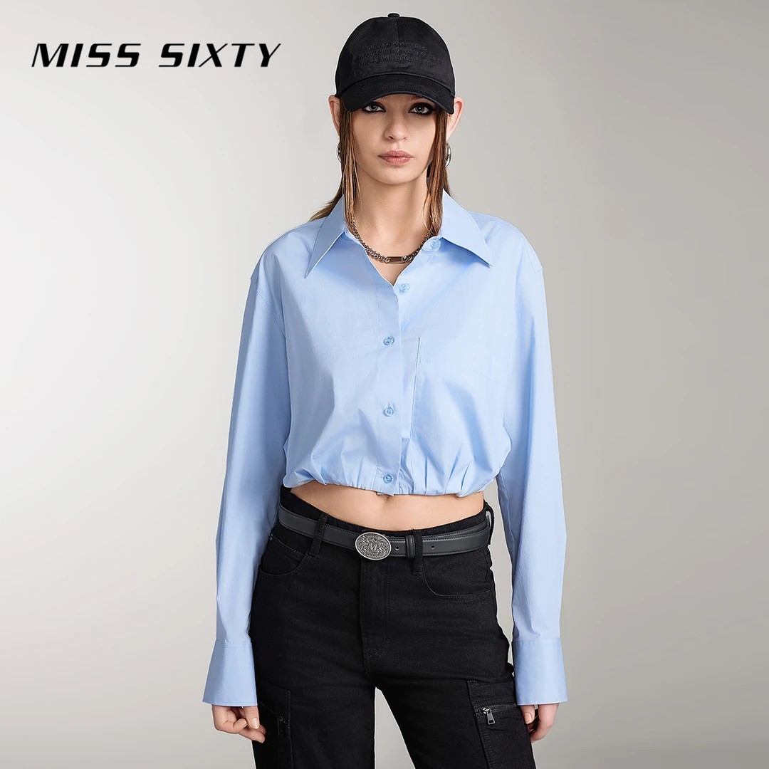 Miss Sixty长袖衬衫女蓝色宽松收腰短款上衣简约通勤
