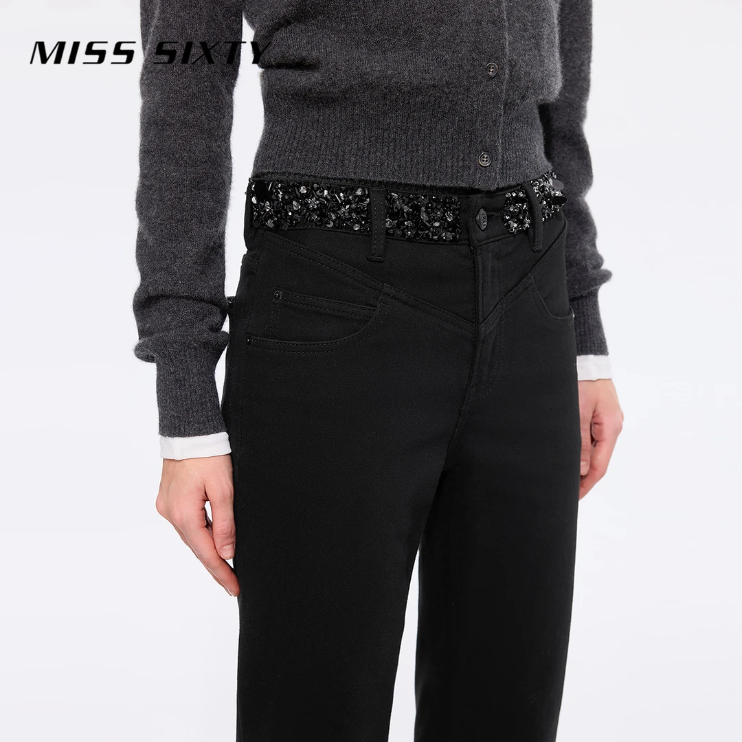 Miss Sixty新款牛仔裤女复古喇叭裤重工钉珠磨毛小黑裤