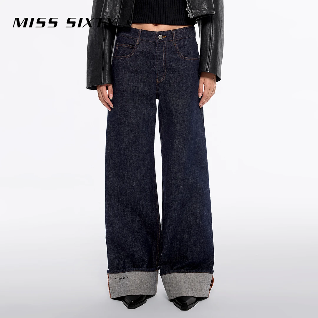 【达人专属】Miss Sixty冬季新款牛仔裤女复古水洗翻边设计感低腰阔