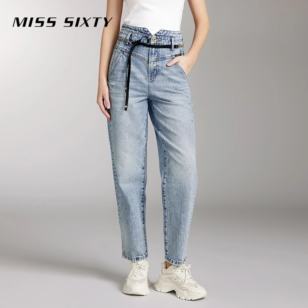 Miss Sixty小v高腰直筒棉质配腰链宽松牛仔裤丹宁风