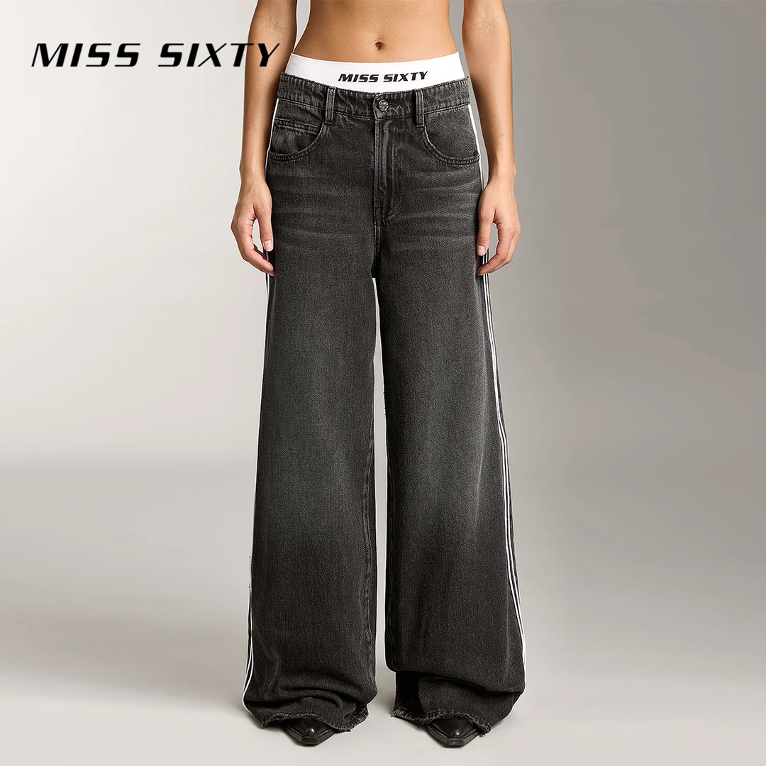 【陈大可专属】Miss Sixty牛仔裤女撞色拼接梨形显瘦宽松阔腿长裤
