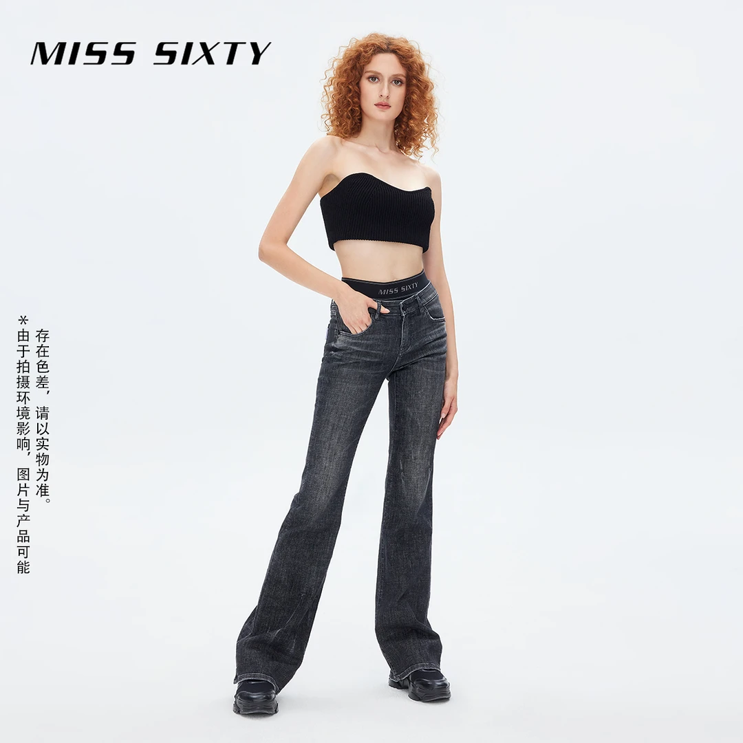 【陈大可专属】Miss Sixty牛仔裤拼接双腰头设计显瘦复古微喇裤6957
