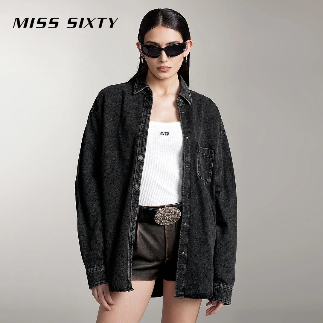 Miss Sixty牛仔衬衫女复古水洗印花宽松长款黑灰色