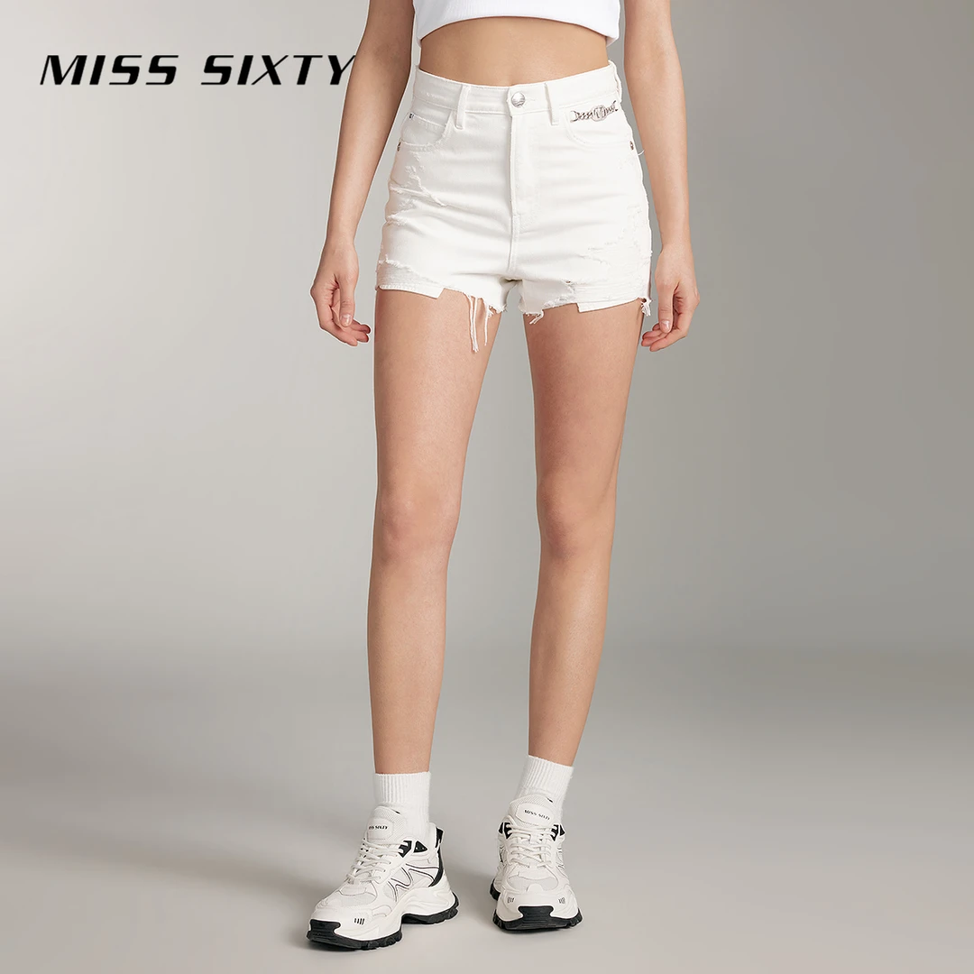 MissSixty夏季新款牛仔短裤女白色链条破烂高腰直筒尤莱特