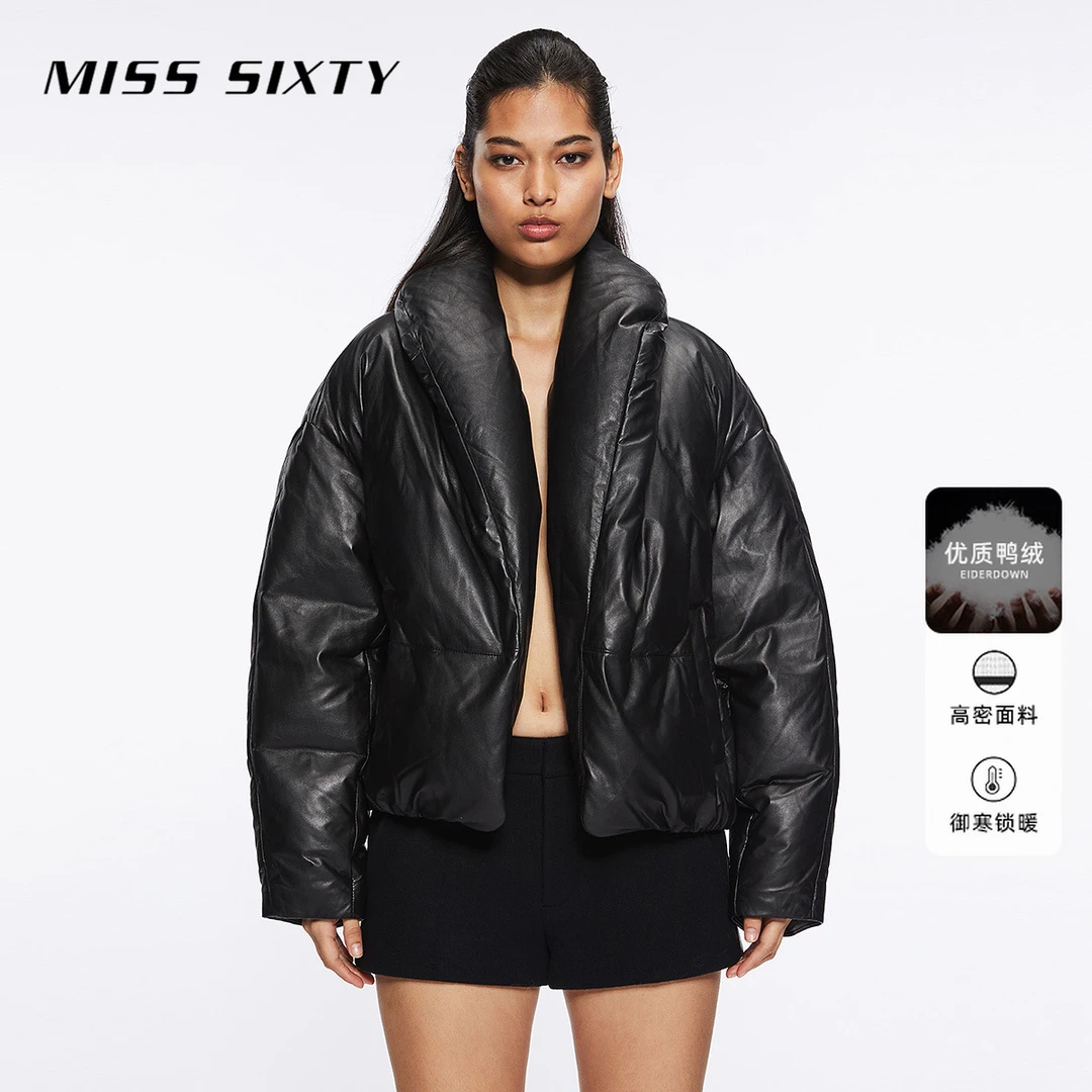 Miss Sixty2024冬季新款真皮羽绒外套女高级感翻领宽松落肩袖轻奢