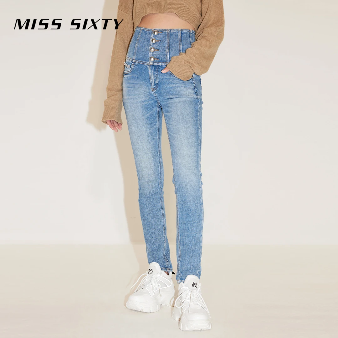Miss Sixty春新款牛仔裤女四扣超高腰修身显瘦铅笔裤薄荷曼波
