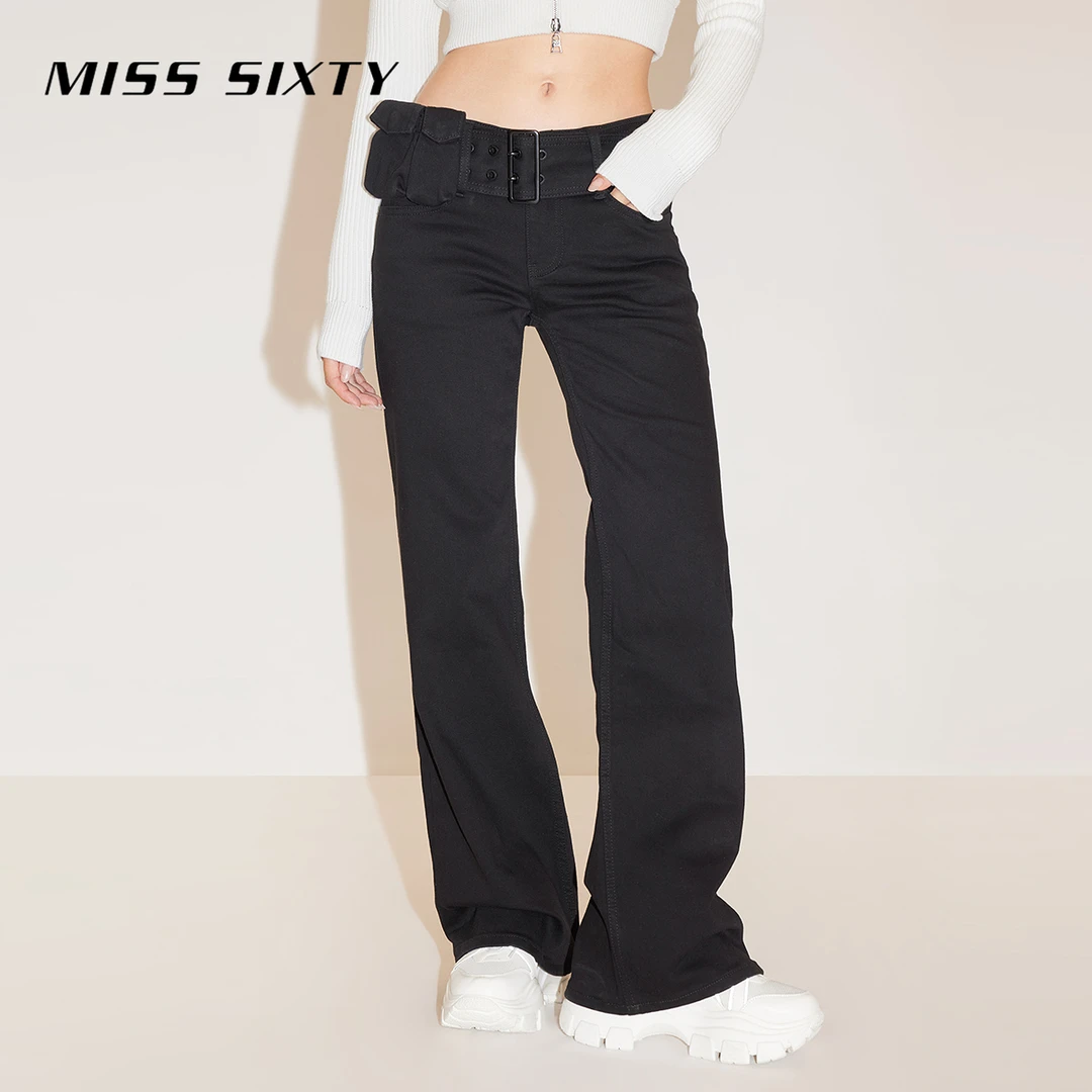Miss Sixty新款牛仔裤女可拆宽腰带显瘦工装微喇小黑裤